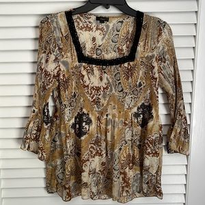 Y2K Vintage Babydoll Peasent Boho Top Printed Pleated Bell Sleeves Crochet Neck